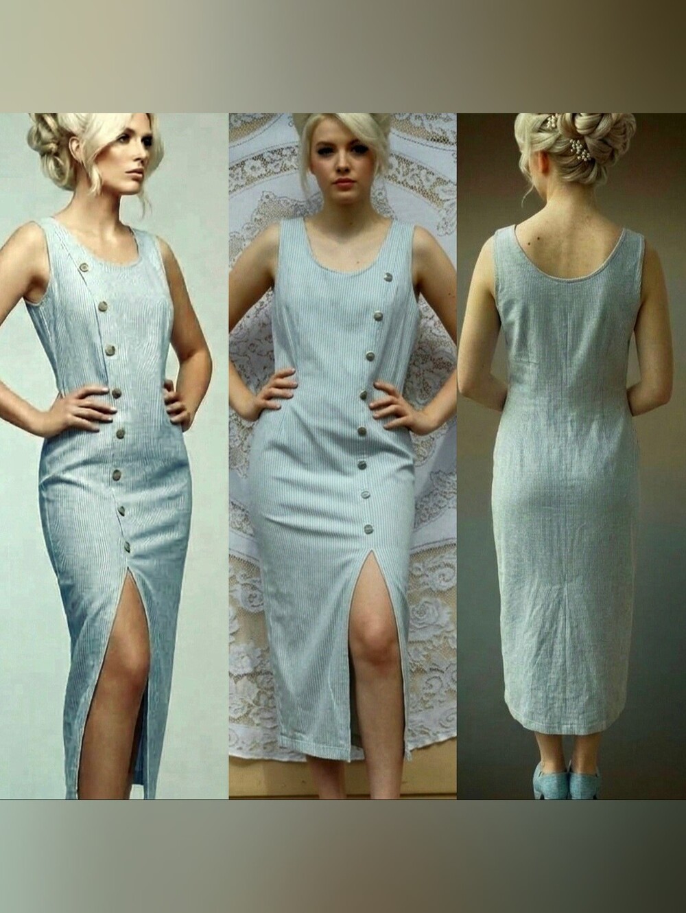 Vtg 90s Mizz Lizz high thigh slit striped denim sexy bodycon jean dress 8/10